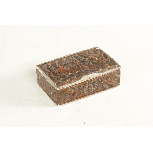 943 - AN EARLY 18TH CENTURY CONTINENTAL CARVED BOXWOOD SILVER MOUNTED TOBACCO BOX depicting a solider with... 