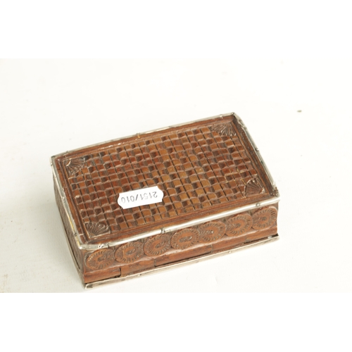 943 - AN EARLY 18TH CENTURY CONTINENTAL CARVED BOXWOOD SILVER MOUNTED TOBACCO BOX depicting a solider with... 