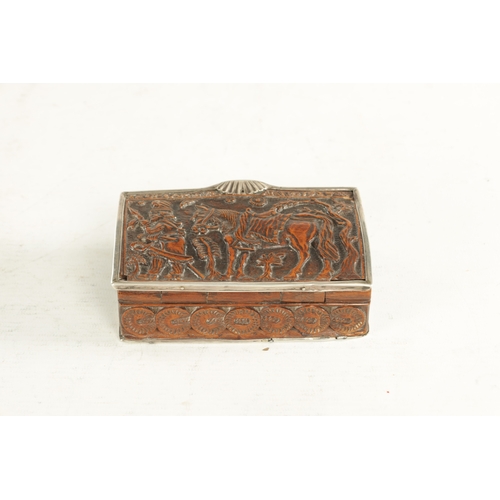 943 - AN EARLY 18TH CENTURY CONTINENTAL CARVED BOXWOOD SILVER MOUNTED TOBACCO BOX depicting a solider with... 