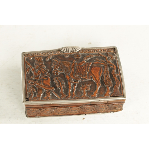 943 - AN EARLY 18TH CENTURY CONTINENTAL CARVED BOXWOOD SILVER MOUNTED TOBACCO BOX depicting a solider with... 