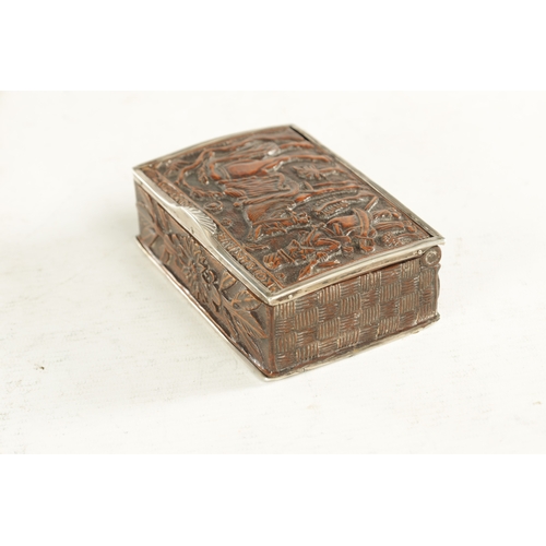 943 - AN EARLY 18TH CENTURY CONTINENTAL CARVED BOXWOOD SILVER MOUNTED TOBACCO BOX depicting a solider with... 