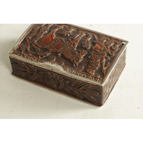 943 - AN EARLY 18TH CENTURY CONTINENTAL CARVED BOXWOOD SILVER MOUNTED TOBACCO BOX depicting a solider with... 