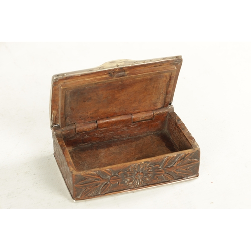 943 - AN EARLY 18TH CENTURY CONTINENTAL CARVED BOXWOOD SILVER MOUNTED TOBACCO BOX depicting a solider with... 