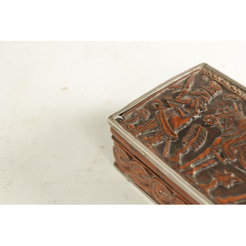 943 - AN EARLY 18TH CENTURY CONTINENTAL CARVED BOXWOOD SILVER MOUNTED TOBACCO BOX depicting a solider with... 