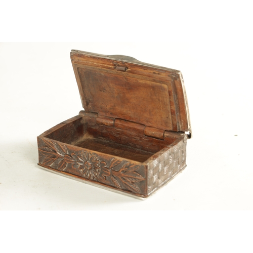 943 - AN EARLY 18TH CENTURY CONTINENTAL CARVED BOXWOOD SILVER MOUNTED TOBACCO BOX depicting a solider with... 