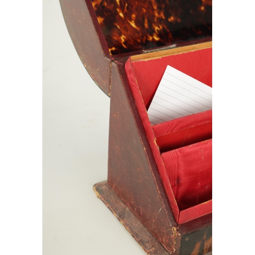 945 - A 19TH CENTURY TORTOISESHELL VENEERED STATIONARY BOX, with a curved hinged lid and red moroccon leat... 