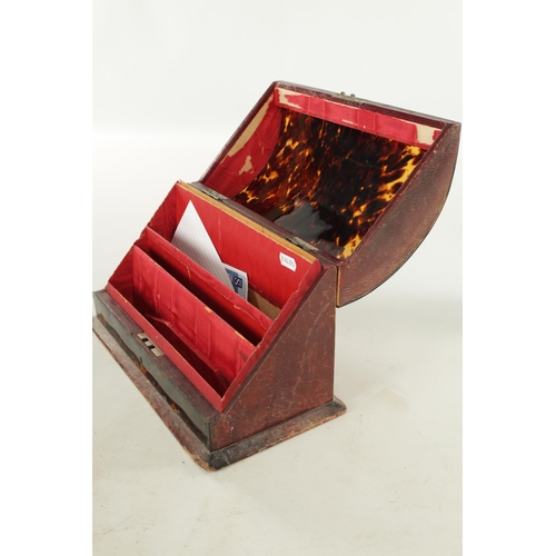 945 - A 19TH CENTURY TORTOISESHELL VENEERED STATIONARY BOX, with a curved hinged lid and red moroccon leat... 