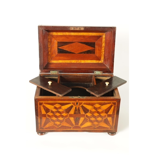 948 - AN EARLY VICTORIAN MAHOGANY AND ROSEWOOD BANDED SPECIMEN WOOD PARQUETRY INLAID TEA CADDY OF LARGE SI... 