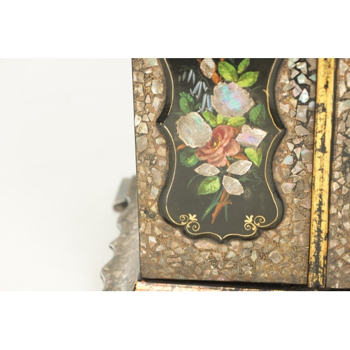 949 - A 19TH CENTURY LAQUERWORK JEWELLERY CABINET with mother of pearl inlay and painted floral work panel... 