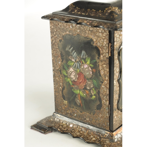 949 - A 19TH CENTURY LAQUERWORK JEWELLERY CABINET with mother of pearl inlay and painted floral work panel... 