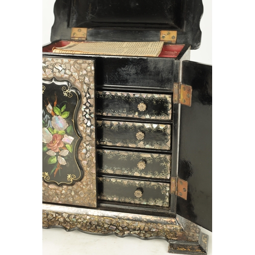 949 - A 19TH CENTURY LAQUERWORK JEWELLERY CABINET with mother of pearl inlay and painted floral work panel... 