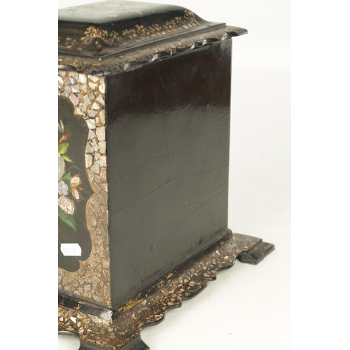 949 - A 19TH CENTURY LAQUERWORK JEWELLERY CABINET with mother of pearl inlay and painted floral work panel... 