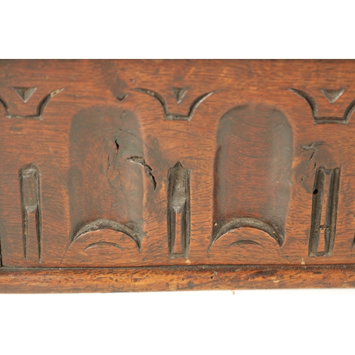 953 - AN EARLY 18TH CENTURY OAK DEED BOX with arcaded carved frieze and lozenge-shaped top fitted with bon... 