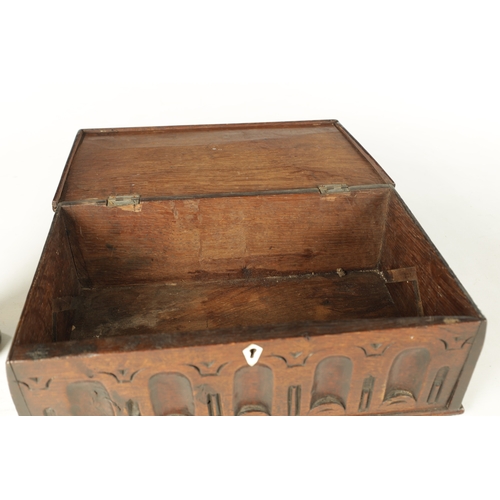 953 - AN EARLY 18TH CENTURY OAK DEED BOX with arcaded carved frieze and lozenge-shaped top fitted with bon... 