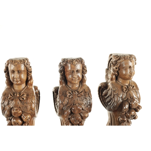 961 - A SET OF THREE 17TH CENTURY CARVED WALNUT ITALIAN CARYATID COLUMNS mounted on a carved plinth base (... 