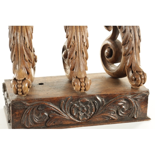 961 - A SET OF THREE 17TH CENTURY CARVED WALNUT ITALIAN CARYATID COLUMNS mounted on a carved plinth base (... 