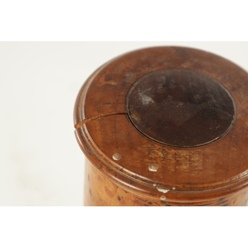 962 - A 19TH CENTURY TURNED SYCAMORE SPICE CANISTER having four screwed sections, labels worn (19.5cm high... 