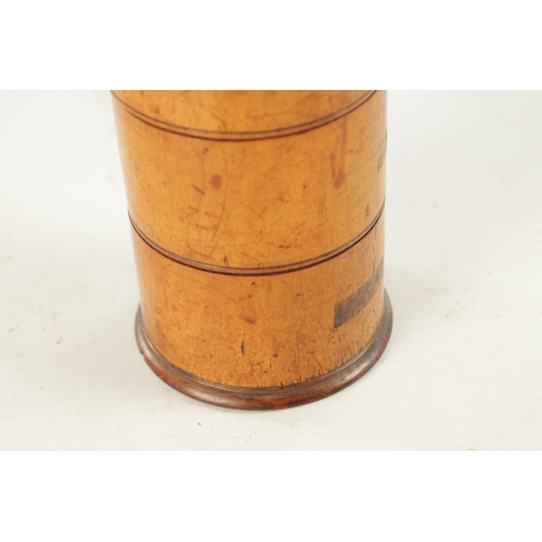 962 - A 19TH CENTURY TURNED SYCAMORE SPICE CANISTER having four screwed sections, labels worn (19.5cm high... 