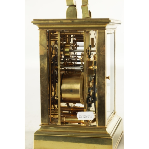 1002 - A LATE 19TH CENTURY FRENCH GIANT STRIKING CARRIAGE CLOCK, the brass glazed case enclosing a white en... 