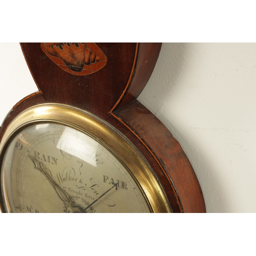 1004 - WALKER AND SON, 17 TEMPLE BAR, DUBLIN. A GEORGE III IRISH SHELL INLAID WHEEL BAROMETER, the mahogany... 