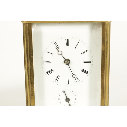 1007 - A LATE 19TH CENTURY BRASS STRIKING CARRIAGE CLOCK with a white enamel dial having a Roman chapter ri... 