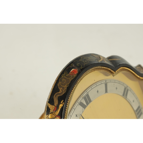 1012 - AN EARLY 20TH CENTURY ENGLISH CHINOISERIE FRAMED STRUT CLOCK having a glazed black lacquered wooden ... 