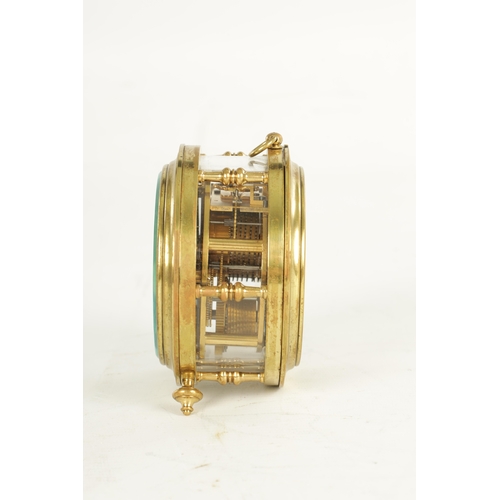 1016 - A LATE 19TH CENTURY DRUM SHAPED FUSEE CARRIAGE CLOCK, the brass glazed case with double baluster pil... 