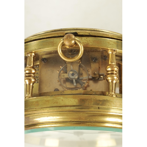 1016 - A LATE 19TH CENTURY DRUM SHAPED FUSEE CARRIAGE CLOCK, the brass glazed case with double baluster pil... 