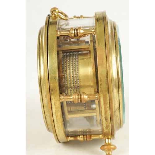 1016 - A LATE 19TH CENTURY DRUM SHAPED FUSEE CARRIAGE CLOCK, the brass glazed case with double baluster pil... 