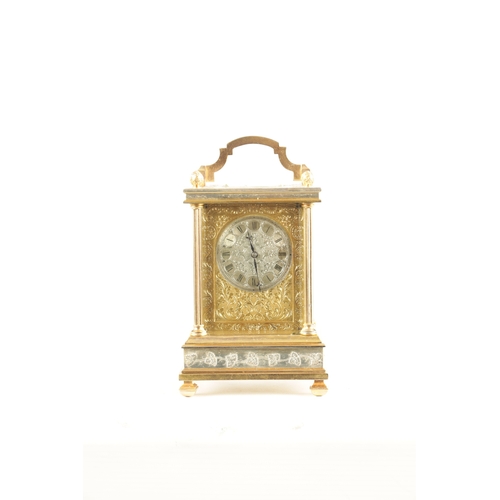 1018 - A MID 19TH CENTURY GILT AND SILVERED ENGLISH FUSEE CARRIAGE CLOCK, the case with grapevine and songb... 