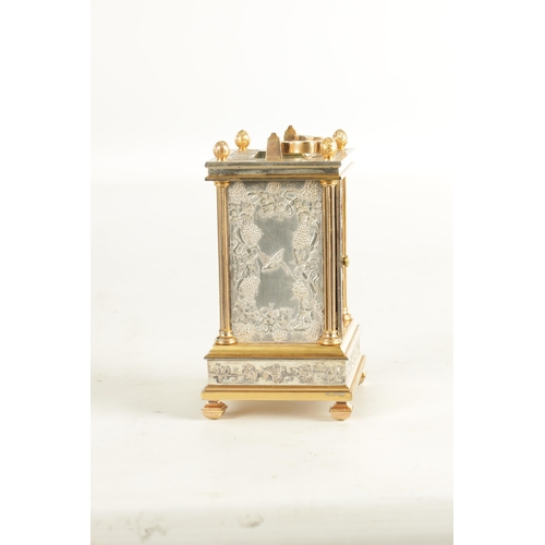 1018 - A MID 19TH CENTURY GILT AND SILVERED ENGLISH FUSEE CARRIAGE CLOCK, the case with grapevine and songb... 