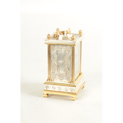 1018 - A MID 19TH CENTURY GILT AND SILVERED ENGLISH FUSEE CARRIAGE CLOCK, the case with grapevine and songb... 