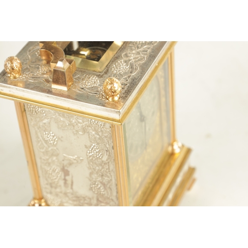 1018 - A MID 19TH CENTURY GILT AND SILVERED ENGLISH FUSEE CARRIAGE CLOCK, the case with grapevine and songb... 