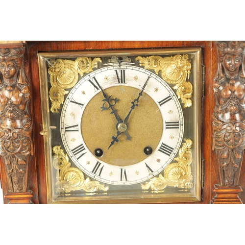 1022 - A LATE 19TH CENTURY GERMAN WALNUT QUARTER CHIMING BRACKET CLOCK, with carved caryatid columns enclos... 