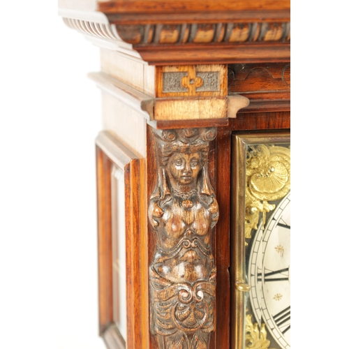 1022 - A LATE 19TH CENTURY GERMAN WALNUT QUARTER CHIMING BRACKET CLOCK, with carved caryatid columns enclos... 