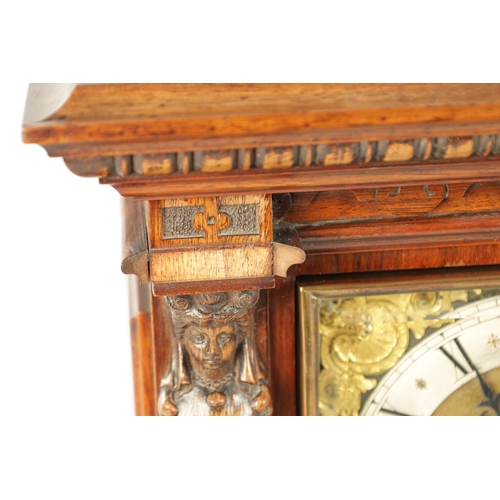 1022 - A LATE 19TH CENTURY GERMAN WALNUT QUARTER CHIMING BRACKET CLOCK, with carved caryatid columns enclos... 