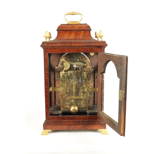 1024 - JAMES ELEY, LONDON. A GEORGE III FIGURED MAHOGANY RISE AND FALL VERGE BRACKET CLOCK, the bell top ca... 