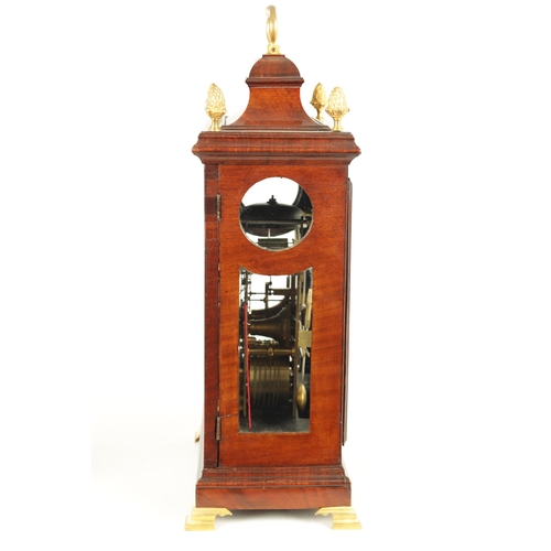 1024 - JAMES ELEY, LONDON. A GEORGE III FIGURED MAHOGANY RISE AND FALL VERGE BRACKET CLOCK, the bell top ca... 