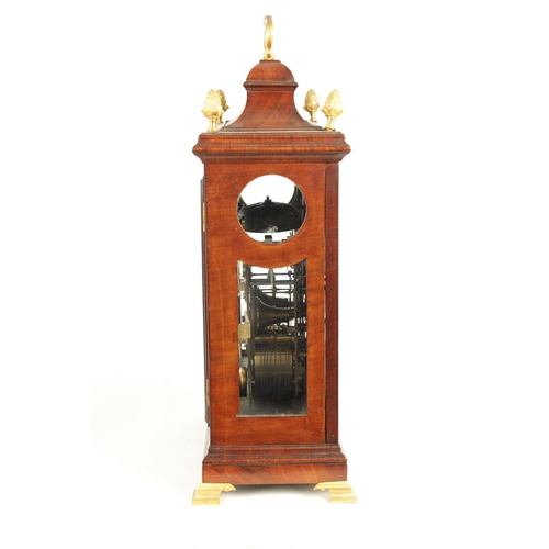 1024 - JAMES ELEY, LONDON. A GEORGE III FIGURED MAHOGANY RISE AND FALL VERGE BRACKET CLOCK, the bell top ca... 