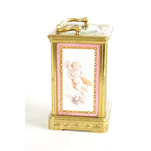 1033 - MARGAINE PARIS NUMBER 6321. A LATE 19TH CENTURY ENGRAVED BRASS STRIKING PORCELAIN PANELLED CARRIAGE ... 