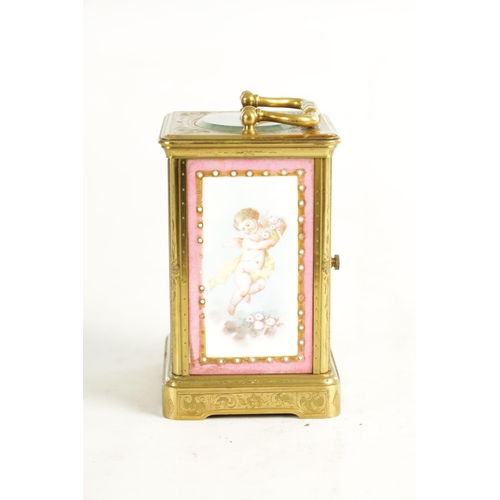 1033 - MARGAINE PARIS NUMBER 6321. A LATE 19TH CENTURY ENGRAVED BRASS STRIKING PORCELAIN PANELLED CARRIAGE ... 