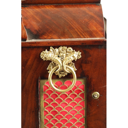 1035 - A WILLIAM IV FIGURED MAHOGANY DOUBLE FUSEE BRACKET CLOCK having a shaped pediment above a foliate ca... 