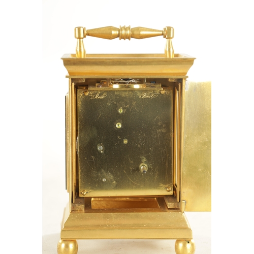 1036 - A 19TH CENTURY ENGLISH BRASS FUSEE CARRIAGE CLOCK the plain case with a raised fixed handle on ball ... 