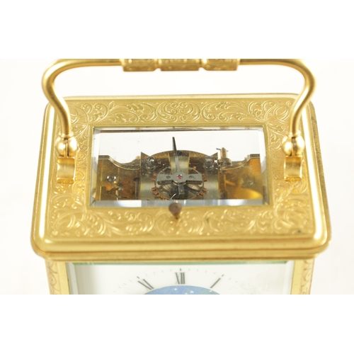 1040 - J. DEJARDIN. A 19TH CENTURY FRENCH GILT BRASS ENGRAVED REPEATING CARRIAGE CLOCK WITH CALENDAR AND MO... 