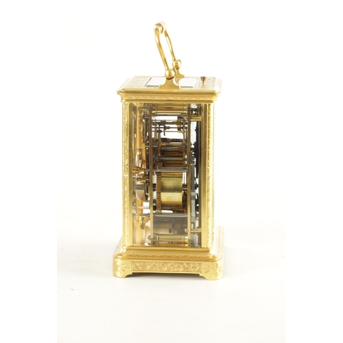 1040 - J. DEJARDIN. A 19TH CENTURY FRENCH GILT BRASS ENGRAVED REPEATING CARRIAGE CLOCK WITH CALENDAR AND MO... 