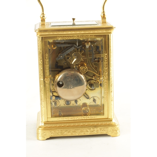 1040 - J. DEJARDIN. A 19TH CENTURY FRENCH GILT BRASS ENGRAVED REPEATING CARRIAGE CLOCK WITH CALENDAR AND MO... 