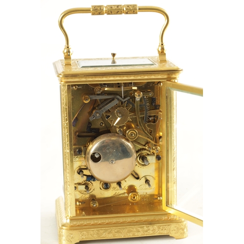 1040 - J. DEJARDIN. A 19TH CENTURY FRENCH GILT BRASS ENGRAVED REPEATING CARRIAGE CLOCK WITH CALENDAR AND MO... 