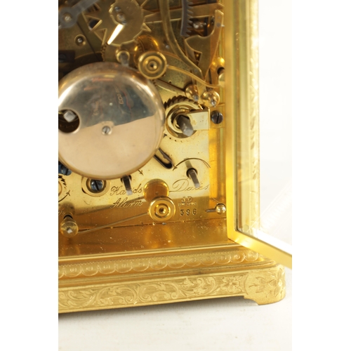 1040 - J. DEJARDIN. A 19TH CENTURY FRENCH GILT BRASS ENGRAVED REPEATING CARRIAGE CLOCK WITH CALENDAR AND MO... 