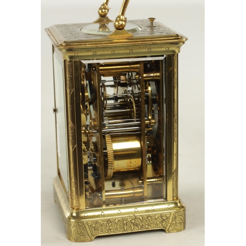 1041 - A LATE 19TH CENTURY FRENCH ENGRAVED REPEATING CARRIAGE CLOCK the brass corniche case with engraved f... 