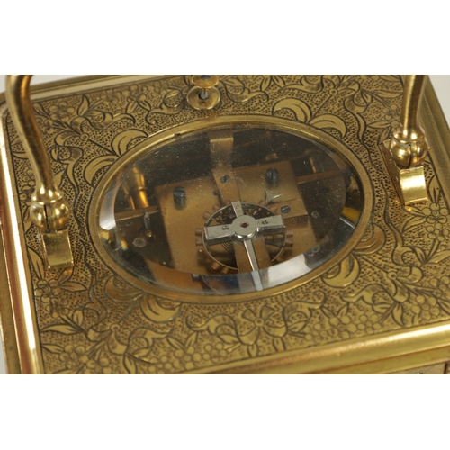 1041 - A LATE 19TH CENTURY FRENCH ENGRAVED REPEATING CARRIAGE CLOCK the brass corniche case with engraved f... 